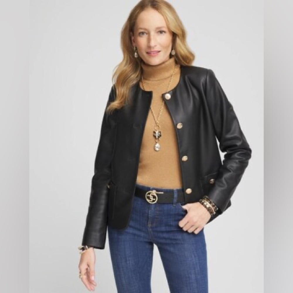 NWT Chico’s Black Faux Leather Jacket Gold Buttons Size L Modern Elegance